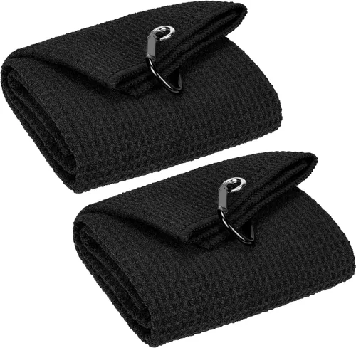 VIVIDLY Paquete de 2 toallas de golf triples de 16 x 24 pulgadas, patrón de gofre de tela de microfibra de alta calidad con clip de mosquetón negro