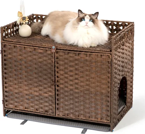 Miniatura 11 de Furriends Caja de arena para gatos con 2 alfombrillas, muebles ocultos de ratán tejido a mano, grande, 30.3 pulgadas de largo x 18.2 pulgadas