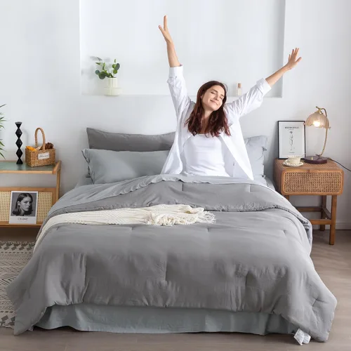 Miniatura 14 de COTTEBED Juego de edredón ultrasuave para cama King, para uso en todas las estaciones, peso ligero con microfibra de algodón lavado cálida y Verde