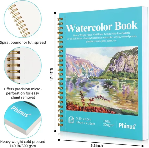 Miniatura 2 de Phinus Cuaderno de bocetos para acuarela de 30 hojas 14 x 21,6 cm, papel para acuarela prensado en frío (140 lb/300 g/m²), cuaderno de acuarela