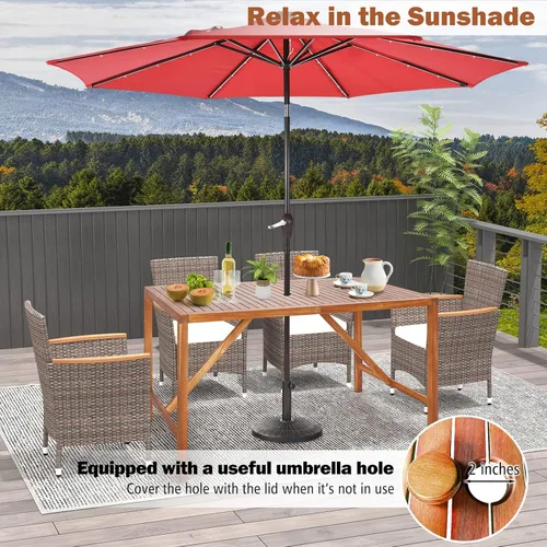Miniatura 7 de Tangkula Mesa de comedor rectangular para exteriores, mesa de madera de acacia con agujero para sombrilla de 2 pulgadas, amplia mesa de listones