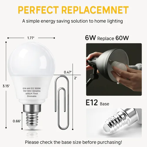 Miniatura 3 de Bombilla LED E12 regulable, 6 W, equivale a 60 W, bombilla candelabra A15, bombilla LED para ventilador de techo, candelabros, apliques de pared