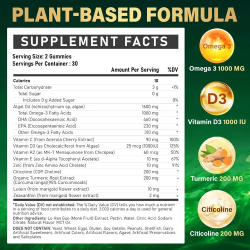 Miniatura 2 de Gomitas de suplemento Omega-3 para mujeres y hombres – 1000 mg de Omega3 DHA y EPA vegano con cúrcuma, vitamina D3, K2, citicolina para la salud