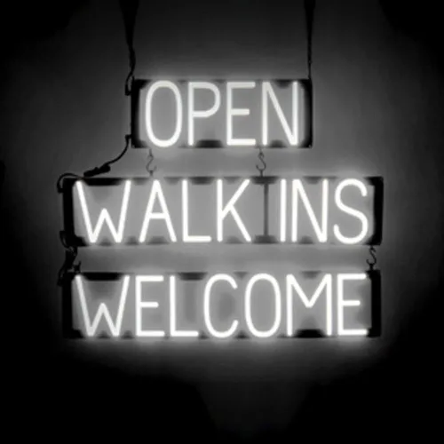 Miniatura 17 de SpellBrite Letrero con texto en inglés "WALK INS WELCOME", con aspecto de neón, fuente de luz LED azul, 29.8 x 15.0 pulgadas