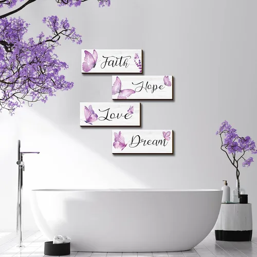 Miniatura 4 de Gerrii 4 piezas de decoración de pared de fe, esperanza, amor, sueño, elegante, primavera, mariposa, madera, decoración para colgar en la Morado