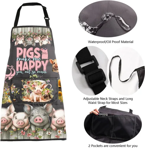 Miniatura 5 de MBMSO Divertidos regalos de cerdo, delantal de barbacoa para amantes de los cerdos, regalos de cerdos Make Me Happy Pig Delantal con bolsillos BBQ