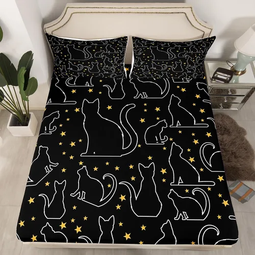 Juego de ropa de cama de dibujos animados de gatos, tamaño individual, sábana bajera ajustable de lindos animales para el dormitorio de niños y