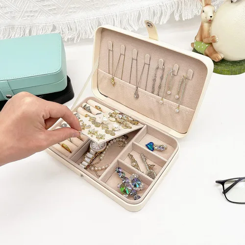 Miniatura 4 de Joyero de viaje, mini organizador portátil con cremallera, de piel sintética sintética, pequeñas cajas de almacenamiento para anillos, aretes