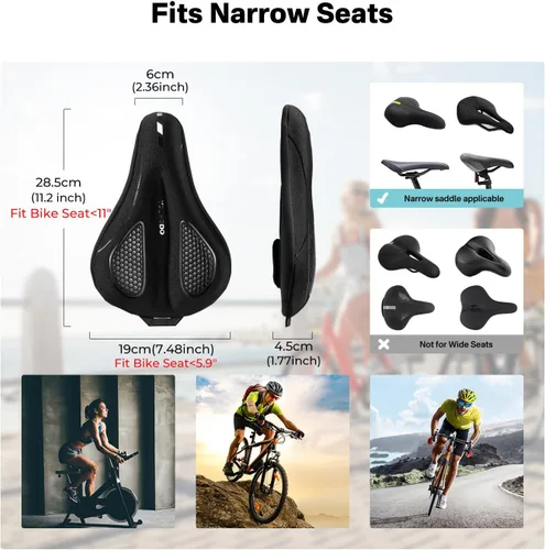 Miniatura 2 de YOUNGDO Cojín de asiento de bicicleta con funda impermeable, almohadilla de asiento de bicicleta de gel para sillín estrecho, absorción de golpes