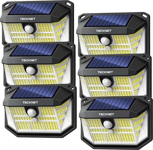 Miniatura 10 de TECKNET 231 luces LED solares de movimiento al aire libre impermeables, juego de 4 unidades con ángulo de 300° y 3 modos de iluminación, luces