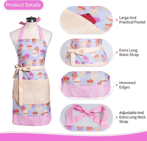 Miniatura 4 de Lindos Delantales de Patrón Floral Retro con Bolsillos Grandes para Mujeres Niñas Cocina Panadería Regalo para Madre Lindo paste