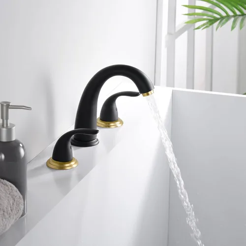 Miniatura 5 de SUMERAIN Grifo de bañera romana de dos manijas de amplio alcance con válvula, acabado en negro y dorado