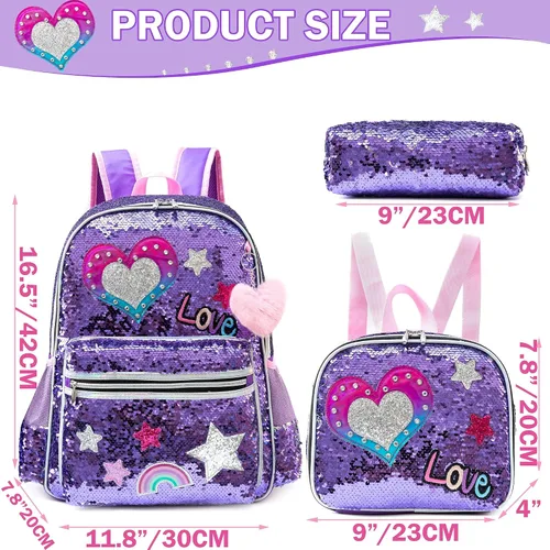 Miniatura 20 de Mochila para niñas de 16 pulgadas, mochilas para niñas para la escuela, mochila de lentejuelas con lonchera para estudiantes de primaria