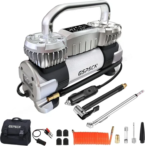 GSPSCN - Inflador digital de neumáticos 12V Compresor de aire portátil de metal resistente | 6X Faster Inflation Auto Shut-off Dual Cylinder Air