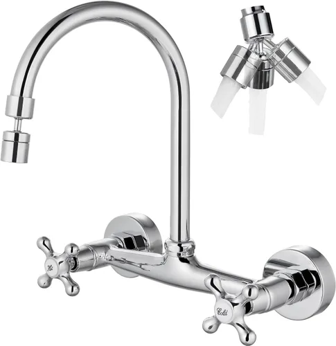 Miniatura 12 de Airuida Grifo de cocina de montaje en pared con rociador, grifo de fregadero de cocina montado en la pared, asas dobles cruzadas, boquilla giratoria