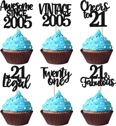 Miniatura 86 de Rsstarxi Paquete de 24 adornos para cupcakes vintage 2019 con purpurina negra para 5º cumpleaños, saludos a 5, cinco, 5, 5 fabulosos para cupcakes