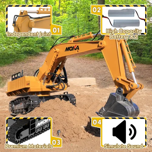 Miniatura 2 de Excavadora de juguete con control remoto, pala de metal con luces, sonidos y rotación de 680°, baterías de 2400 mAh, 120 minutos (máximo) tiempo