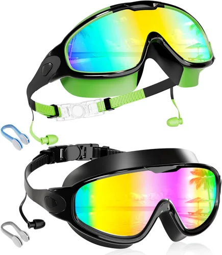Aegend Nuevo paquete de 2 gafas de natación de visión amplia para niños, gafas antivaho/anti-UV sin fugas con tapones para los oídos para niños de 3