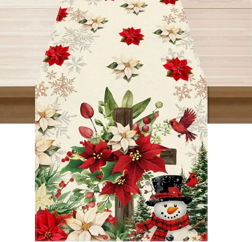 Miniatura 6 de XCHI Juego de 4 manteles individuales de mesa de Navidad con diseño de muñeco de nieve y poinsettia, manteles de mesa de invierno para decoración