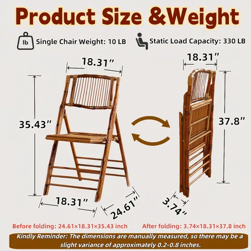 Miniatura 3 de Silla plegable de bambú, silla de comedor vintage plegable completamente mejorada con 330 libras hecha a mano para sala de estar, patio, jardín