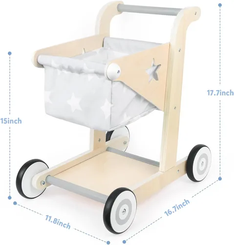Miniatura 2 de Asweets Andador de Bebé de Madera 2 en 1 para Empujar y Jalar Cochecito de Muñecas, Carrito de Compras Andador de Aprendizaje para Niños y Niñas