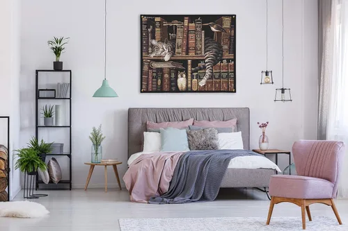 Miniatura 3 de Frederick the Literate por Charles Wysocki Tapiz tejido para colgar Fantástico atigrado dormido en estantería – Divertido regalo para amantes