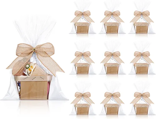 Miniatura 2 de Yerliker Juego de 10 mini cestas de madera para regalos, canastas pequeñas vacías de 4 pulgadas, lazos de bayas, bolsas transparentes para dulces