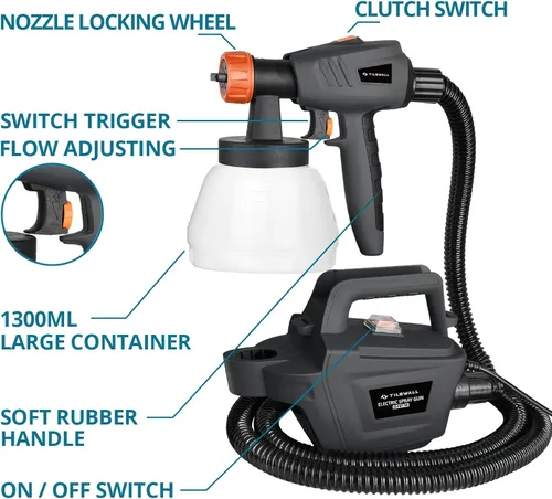 Miniatura 4 de Tilswall Paint Sprayer, 800W HVLP 1200ML/Min Electric Spray Paint Gun with 2.5M Air Hose, 1300ML Detachable Container, 3 Nozzle Sizes & 3 Patterns