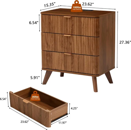 Miniatura 2 de Mesita de noche Mid-Century con estación de carga, mesita de noche acanalada con cajones, mesa auxiliar contemporánea de 3 cajones con armario