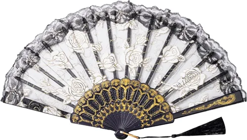 Miniatura 5 de Sepwedd 30 abanicos de mano plegables con diseño floral de rosa negra, ventilador plegable retro chino para novia, accesorios de baile de novia