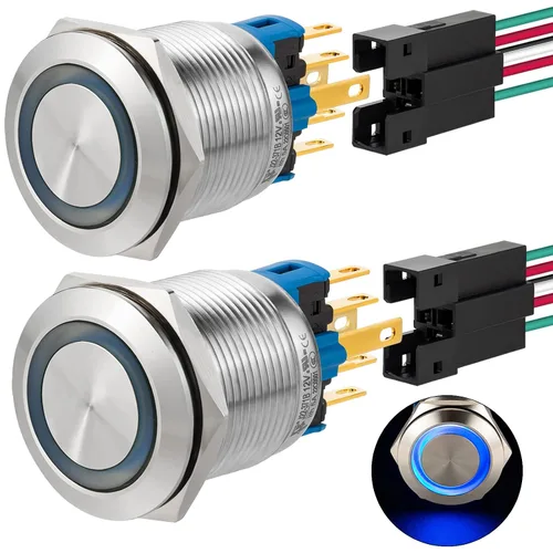 Miniatura 8 de 2 interruptores de botón de cierre de 0.866 in, 7/8 pulgadas, 110 V-120 V, SPDT, interruptor de encendido y apagado, impermeable, IP67, acero Azul
