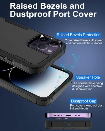 Miniatura 4 de Funda para iPhone 14 Pro Max, con protector de pantalla de vidrio templado, carcasa resistente a prueba de golpes con cubierta de puerto de carga