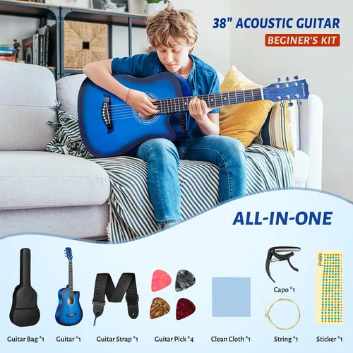 Miniatura 2 de CAHAYA Guitarra acústica: Juego de iniciación de 96.5 cm con corte para principiantes, de madera, para niños, adolescentes y adultos, con bolsa