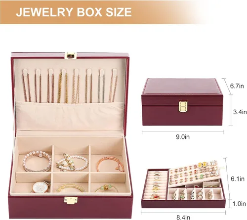 Miniatura 6 de Sanikeon Cajas de joyería para mujeres y niñas, caja organizadora de joyas de piel sintética de 2 capas, caja de almacenamiento de joyas grande