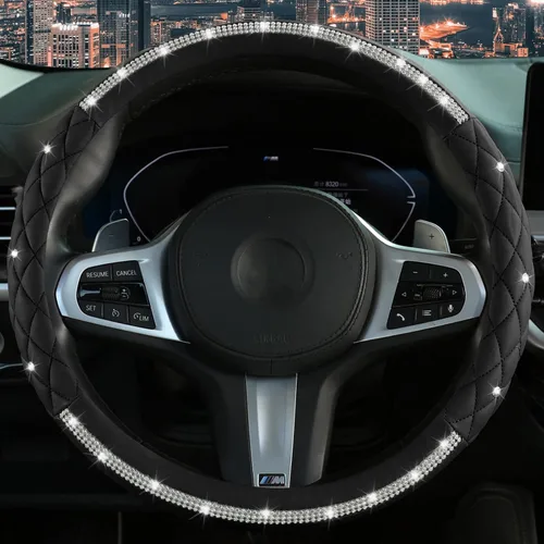Miniatura 9 de Cubierta de volante de cuero para hombres, con patrón tejido negro, accesorios para auto, antideslizante, segura, suave, transpirable, adaptable a