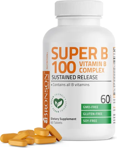 Bronson Super B100 Complejo de Vitamina B de liberación sostenida contiene todas las vitaminas B (vitamina B1, B2, B3, B6, B9 - ácido fólico, B12),