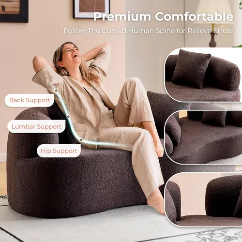 Miniatura 3 de 67'' Modern Curved Loveseat, Luxury Teddy Velvet Upholstered Couch, Comfy Cloud Compressed Sofa with 2 Pillows for Small Spaces Living Room