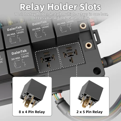 Miniatura 3 de DaierTek Caja de Relés 12V Bloque de Relé de 10 Vías y Panel de Fusibles de Cuchilla ATC/ATO de 10 Vías Caja de Fusibles y Relés Precableada a