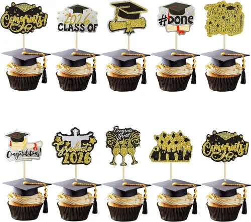 Miniatura 15 de Gyufise 24 piezas Adornos para pastel de graduación 2026 con purpurina negra, clase de 2026, adornos para magdalenas con gorra de graduación