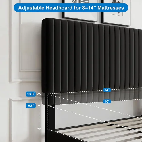 Miniatura 7 de GOLDORO Base de cama tapizada de terciopelo de tamaño matrimonial con cabecera capitoné de canal vertical, soporte de listones de madera,