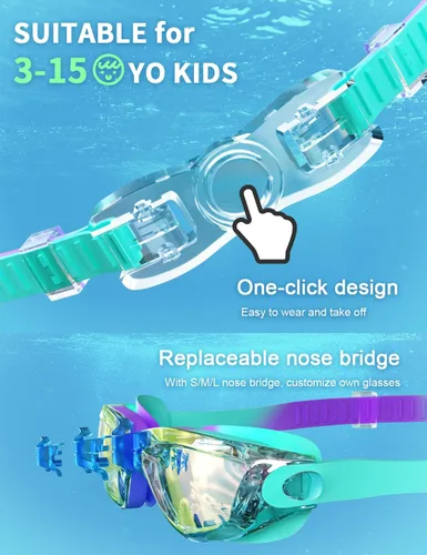 Miniatura 2 de gafas de natación para niños con pinza para la nariz, tapones para los oídos, puente de nariz para niños de 3 a 15 años Azul y púrpura