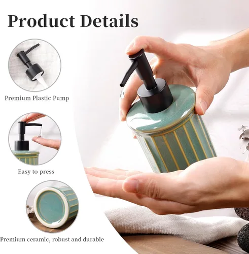 Miniatura 3 de Dispensador de jabón, dispensador de jabón líquido de cerámica 11.84OZ, dispensador de loción de manos para cocina, baño, ducha, recargable, verde