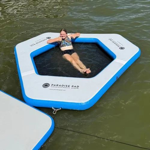 Miniatura 8 de Alfombrilla de agua inflable – Plataforma flotante triangular de 9 pies con malla Hamaca de agua resistente flotador de lago
