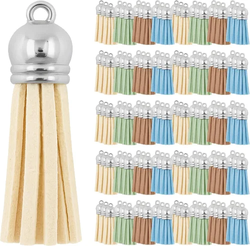 Miniatura 89 de Mandala Crafts 100 borlas de gamuza sintética color aguamarina con tapa dorada, suministros para hacer llaveros a granel, pequeñas borlas de cuero