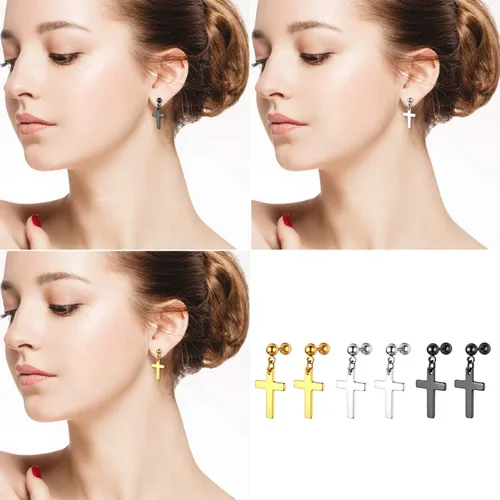Miniatura 3 de OIDEA Aretes de cruz de acero inoxidable para hombre, juego de aretes de aro colgantes con bisagras, regalo de joyería para hombres y mujeres
