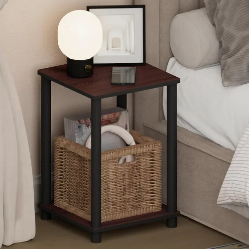 Miniatura 34 de Furinno Mesa de Noche Simplista, Mesita de Noche Pequeña de 2 Niveles con Estante Abierto, Mesa de Cabecera de Montaje sin Herramientas, Mesa