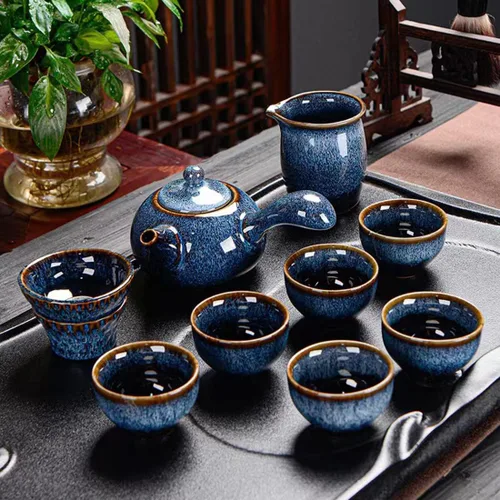 Juego de té chino de cerámica Kung Fu, juego de té para adultos de 9 piezas, juego de té de la tarde, juego en caja de regalo perfecto para los Azul