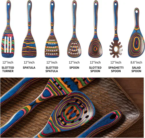 Miniatura 3 de Gudamaye Pakkawood - Utensilios de cocina de madera azul de 7 piezas, cucharas de madera, juego de utensilios de cocina, cucharas antiadherentes