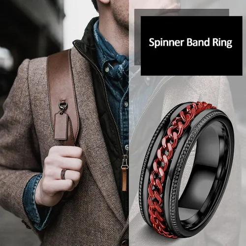 Miniatura 4 de FIBO STEEL - Anillos de acero inoxidable de 8mm para hombres, anillos con cadena incrustada y borde con textura, disponible en tallas 7-14