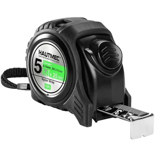 HAUTMEC Cinta métrica métrica de doble escala de 16 pies/16.4 ft, bloqueo automático con hoja recubierta de nailon y funda de goma, para